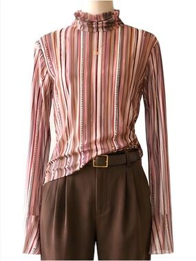 Y/PROJECT Multistripe Ruffle Mock-Neck Long Sleeve Top in Pink, Brown and Cream